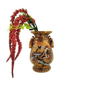 Vintage Chinoiserie Japanese Satsuma Ceramic Hand Painted Vase